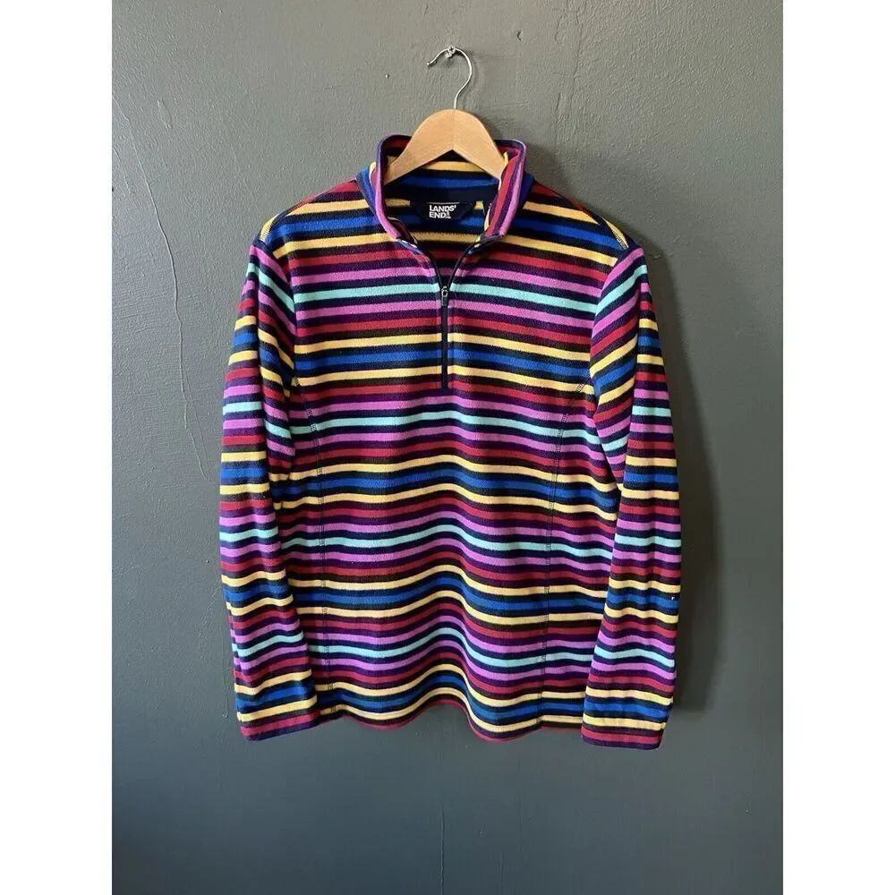Lands End Womens Multicolor Striped Fleece Mock Neck Sweater Size Large